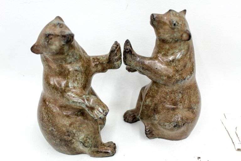 Rustic Bear Bookends Metal 7". Stone colored carved looking bears. Made