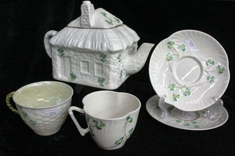 Belleek Ireland Tea Set. Items include Teapot, Teacups and Saucers