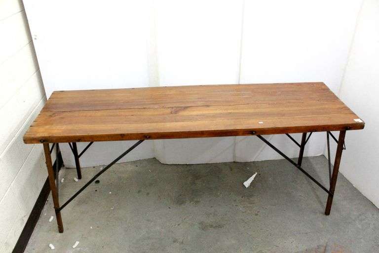 Antique Wagner wooden folding wallpaper table with metal accents, 74