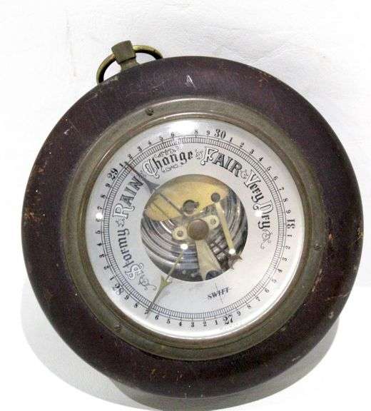 Vintage Swift Barometer Round Brass & Wood Made in England Circa 1950s Bunting Online Auctions