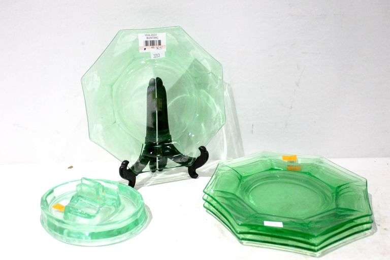 Green depression glass Uranium glass Octagon shaped plates and
