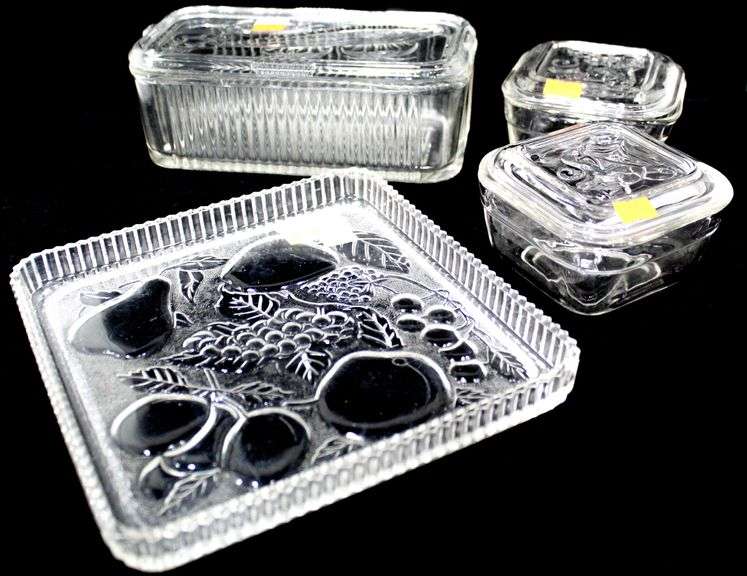 Vintage Glass Food Storage Refrigerator Covered Bowls Boxes and Fruit Design Square Serving
