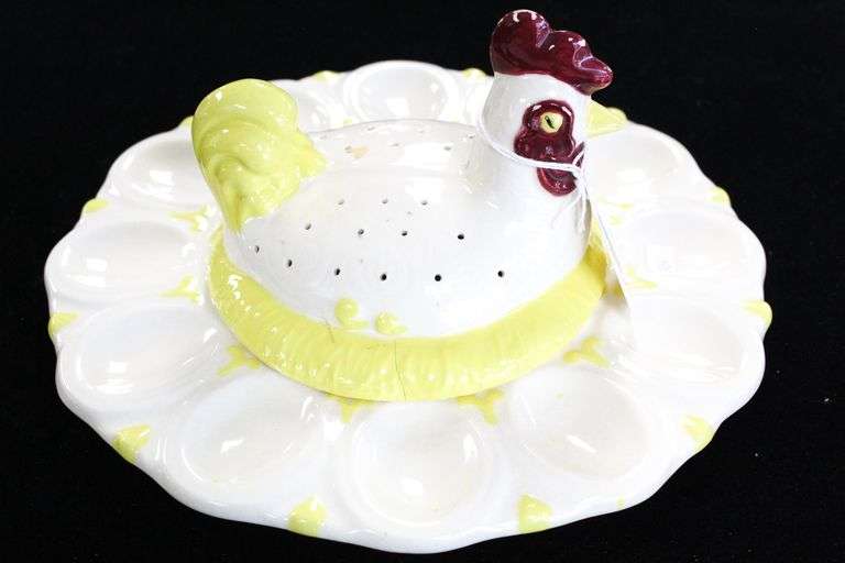 Deviled Egg Plate with Chicken Lid in Center for Relish Etc. Signed
