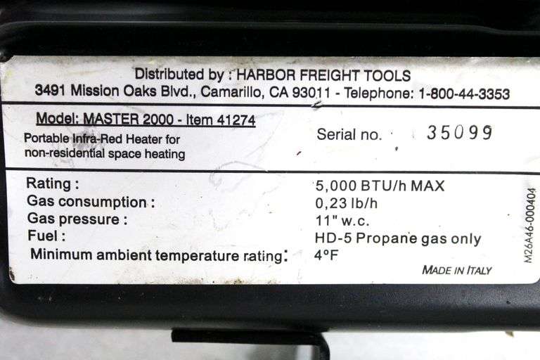 Harbor Freight Item 41274 - Infrared Propane Heater 5000 BTU Master 2000. -  Bunting Online Auctions