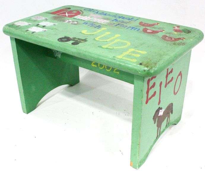 Folk Art Children's Bench Stool "Old Macdonald had a Farm with Jude" Ca. 2002 16 x 10 x 9