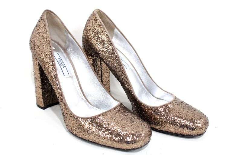 Prada Milano Brown Copper Glitter Block Heels Classic Round Toe Pumps