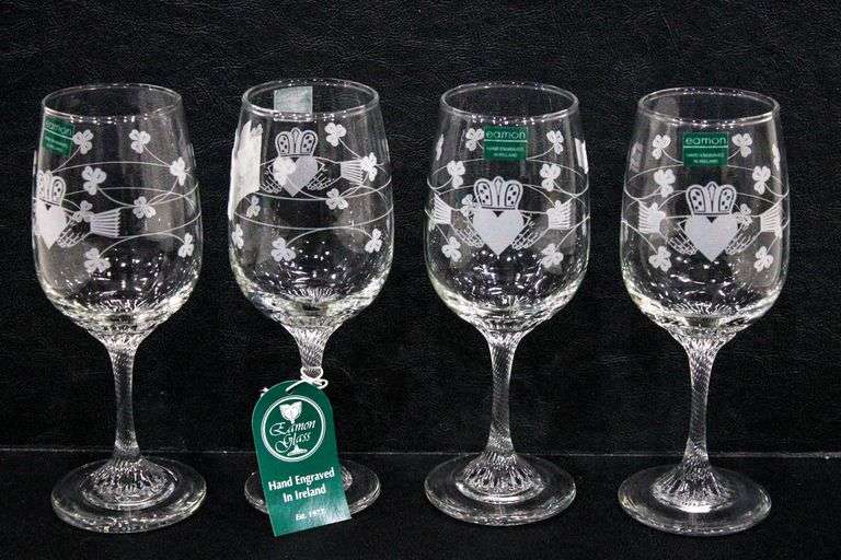 Wine Glasses by Eamon of Ireland, hand engraved Claddagh and shamrocks