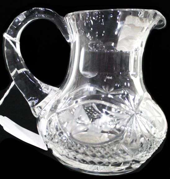 Cut Crystal Glass Pitcher with Etched Flower and Leaf , DiamondPoint