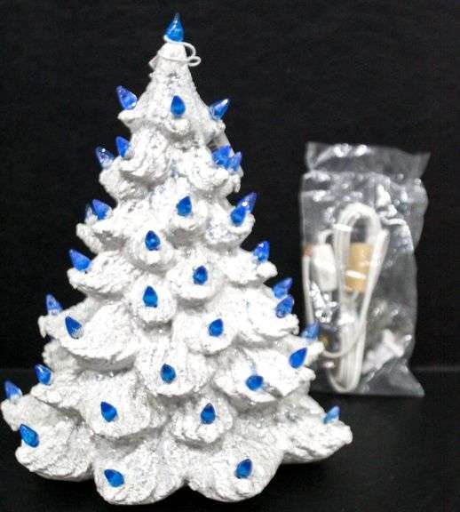 White Ceramic Christmas Tree with Blue Lights 14" Bunting Online
