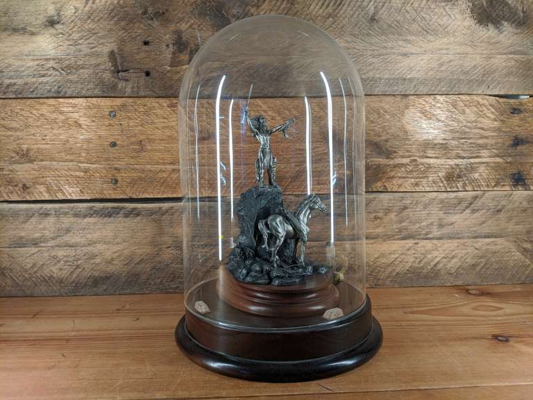 PEWTER STATUE OF NATIVE AMERICAN UNDER GLASS DOME, "OH, GREAT SPIRIT