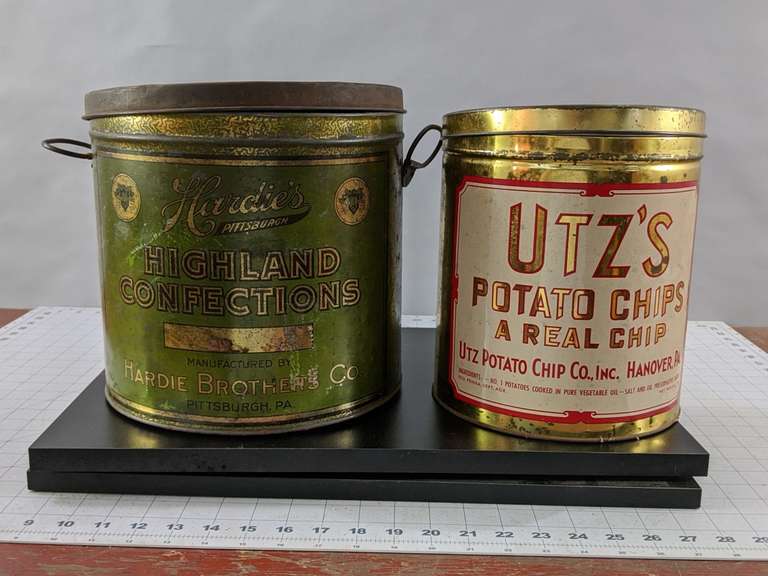 2 ADVERTISING TINS. UTZ POTATO CHIPS AND HARDIE'S HIGHLAND CONFECTIONS OF PITTSBURGH, PA Bid