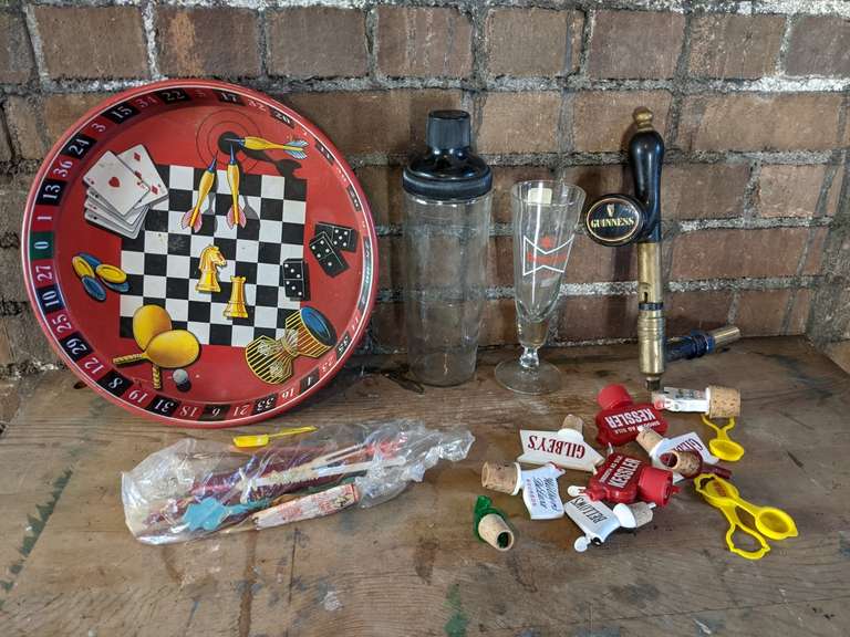 vintage bar accessories including tray and Guinness beer tap Bid On
