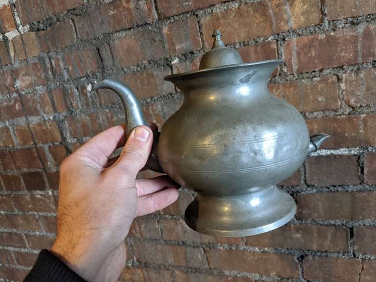 1830s era pewter teapot by Boardman and bed warmer by reutlinger Bid
