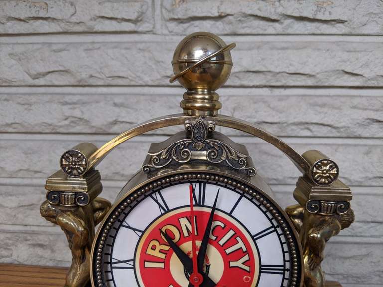 Iron City Beer Clock with Night Light. Atlas Figures Flanking Sides Bid On Estates