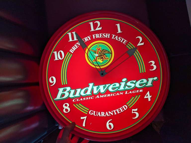 Large Red Budweiser Beer Wall Clock. Bid On Estates Auction Services