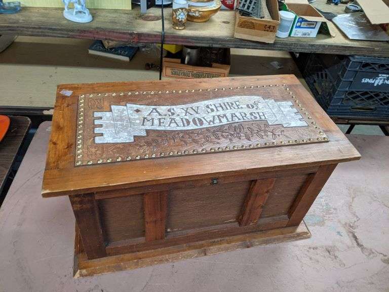 SMALL SOLID WOOD BLANKET CHEST WITH CARVED AND PAINTED TOP Bid On
