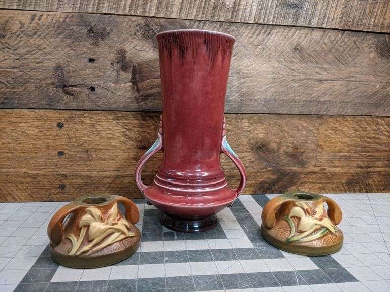 Roseville Pottery. 9" Orion Vase (1935) and Pair of Zephyr Lily