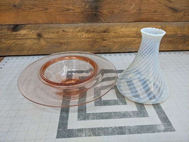 Pink Depression Glass Compote and Opalescent Art Glass Lamp Shade Bid