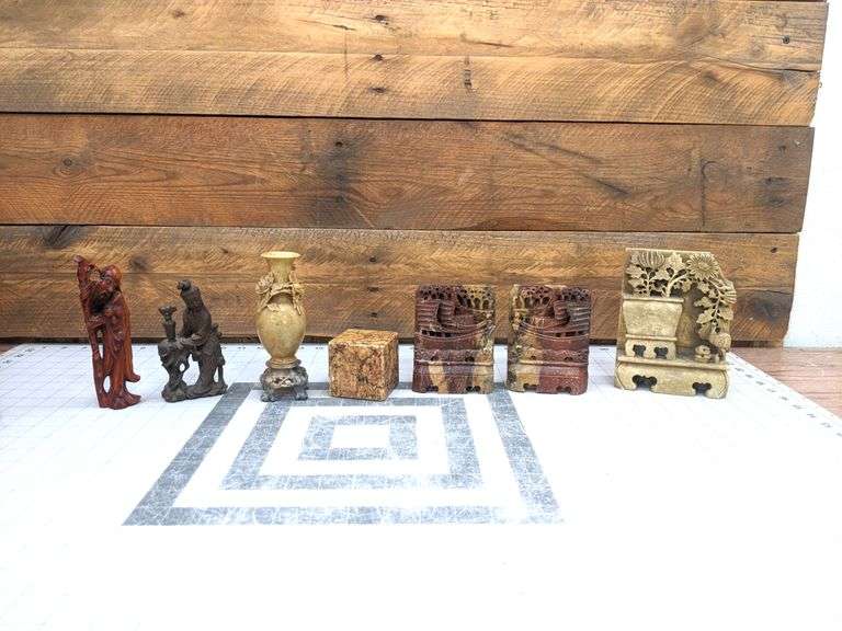 Soapstone Bookends, Vase, Marble Block, Carved Wood Figures Bid On