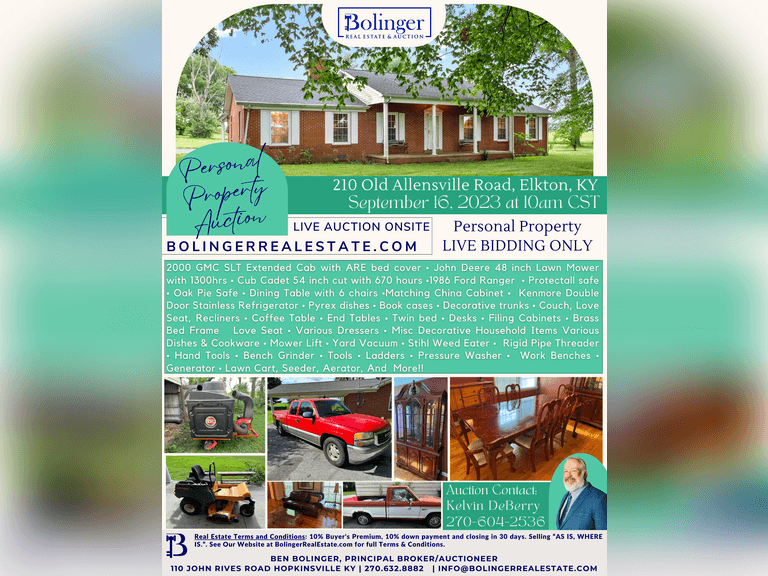 PERSONAL PROPERTY AUCTION IN ELKTON, KY Bolinger Real Estate & Auction