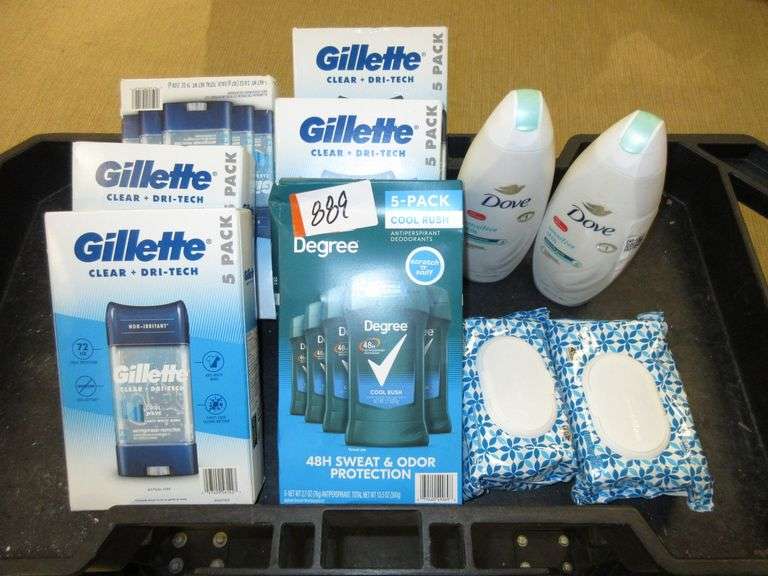 5) Gillette Deodorant, Degree Deodorant, 2) Wet Wipes, 2) Dove Body