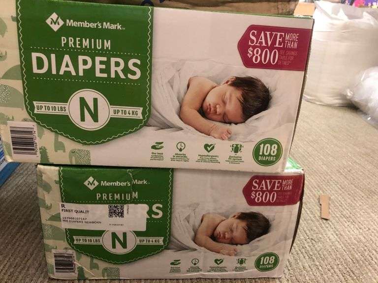 2) Members Mark Premium Diapers Size N, Box of Members Mark Wipes
