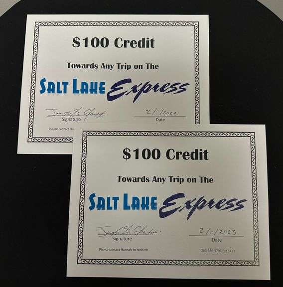 2) Salt Lake Express 100 Credit Certificates Prime Time Auctions, Inc.