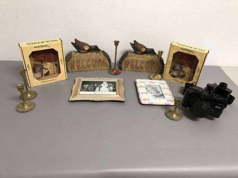 2) Duck Signs, Brass Candle Holders, Picture Frames, Camera, 2