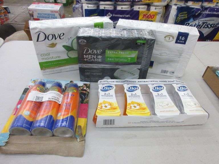 2) Dove Bar Soaps, Dove Mens Bar Soap, Banana Boat Sun Screen, Dial