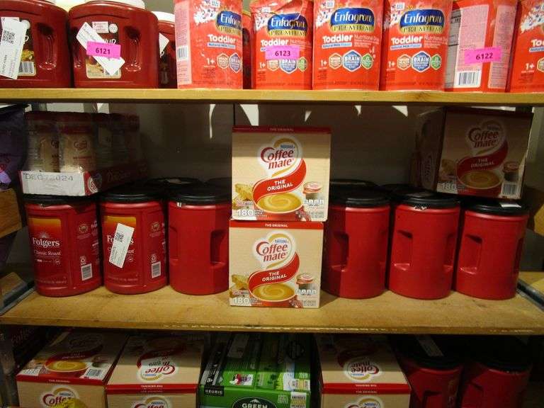 Contents of the Shelf Folgers Coffee, Coffee Mate Creamer Pods and