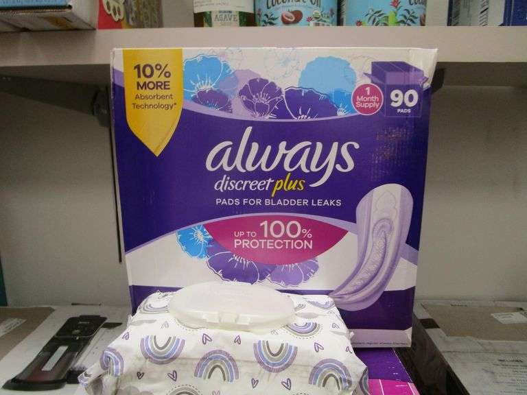 Always Discreet Plus Pads, Poise Pads, Member's Mark Pads Prime Time