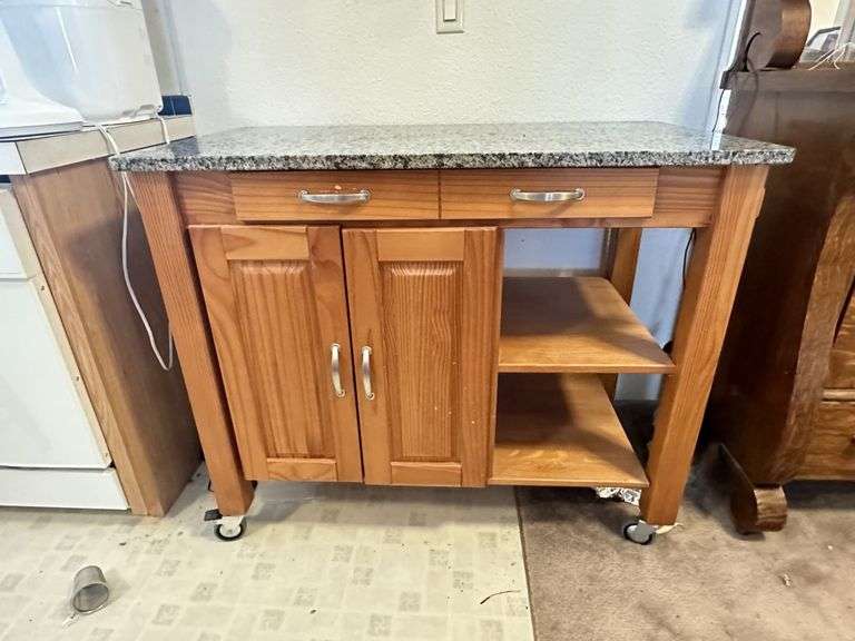 Marble Top Rolling Kitchen Island with Silverware Prime Time Auctions