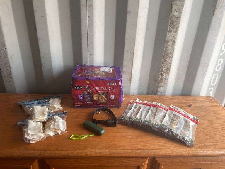 12 pack Ol'Roy wet dog food, 6) 2 PC water buffalo rib bone dog chew, XL dog collar, Ultrasonic