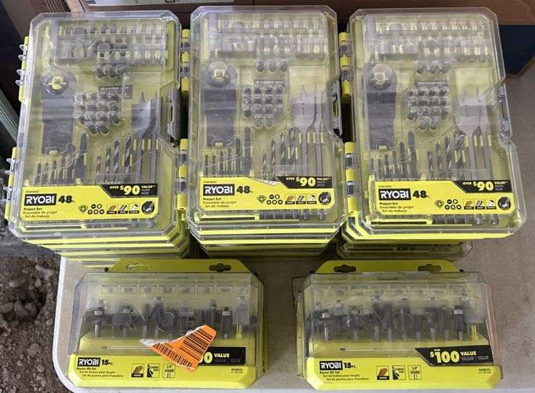 15) Ryobi 48Piece Project Set, 4) Ryobi 15Piece Router Bit Set