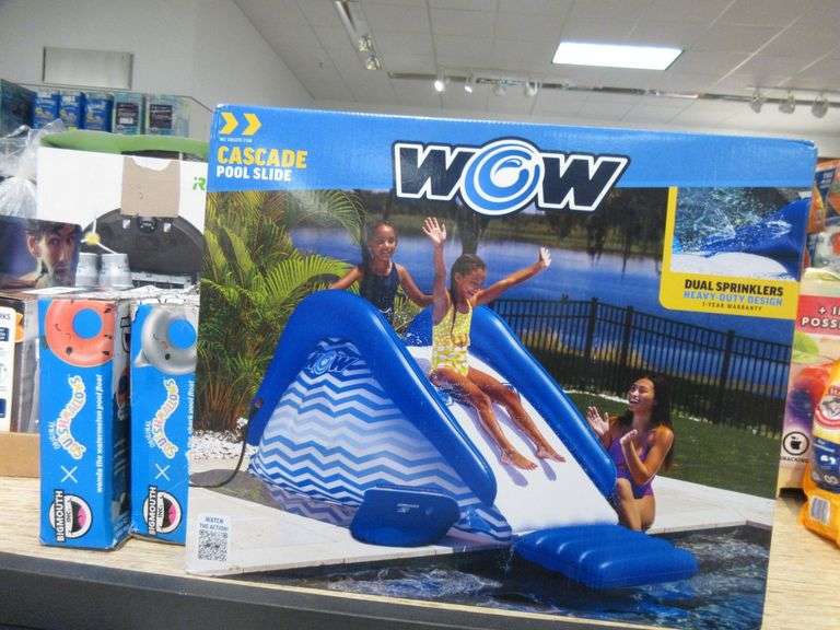 Wow Cascade Pool Slide, 2) Squishmallows Pool Floats Prime Time