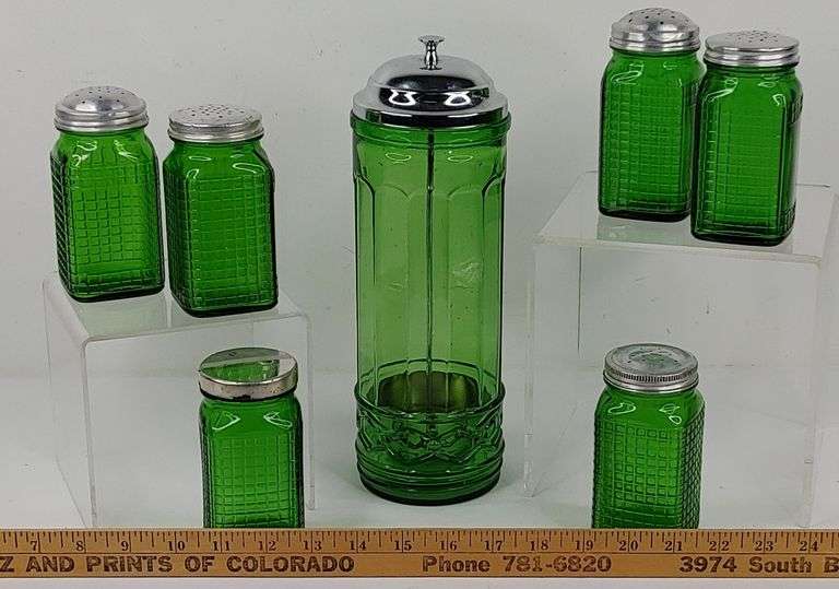Green Glass Straw Canister and Lidded Bottles Colorado Premier Realty
