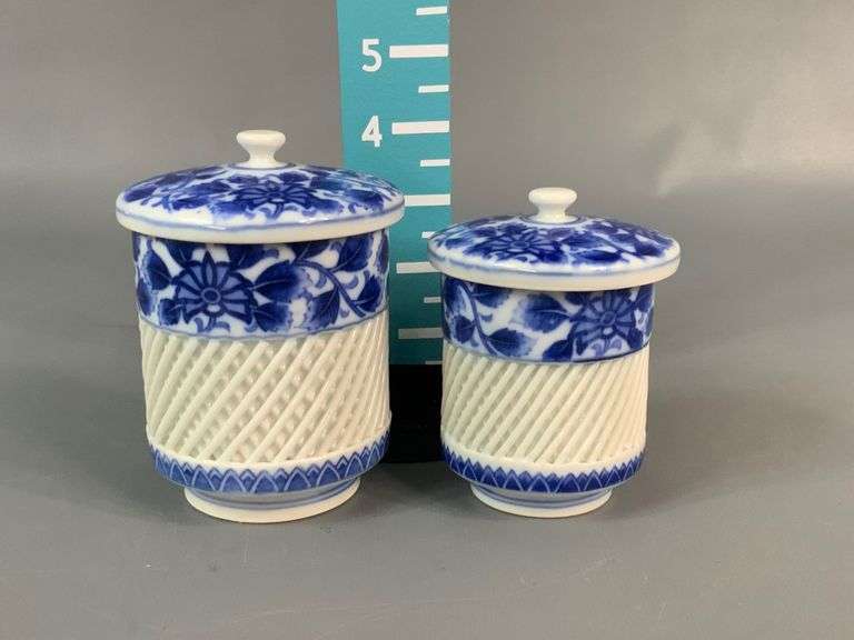 Vintage Japanese Tea Cups with Lids, Blue & White Coastal Downsizing LLC