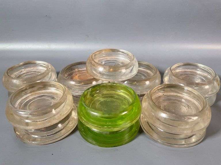 Lot of 15 Glass Furniture Coasters, Including 2 Uranium Glass Coastal
