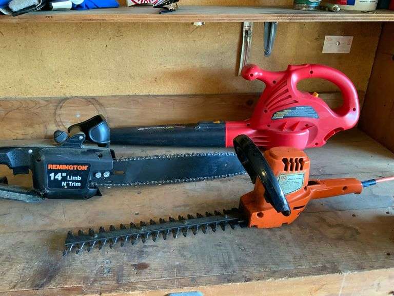 Assorted Yard Tools, Black & Decker Trimmer, Remington Chain Saw and