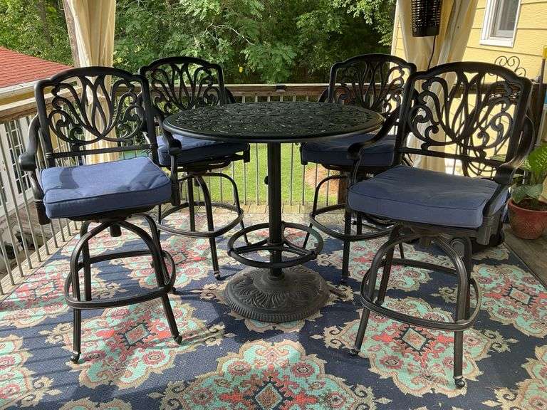 Cast Iron Outdoor Bar Height Table and 4 Swivel Chairs with Cushions