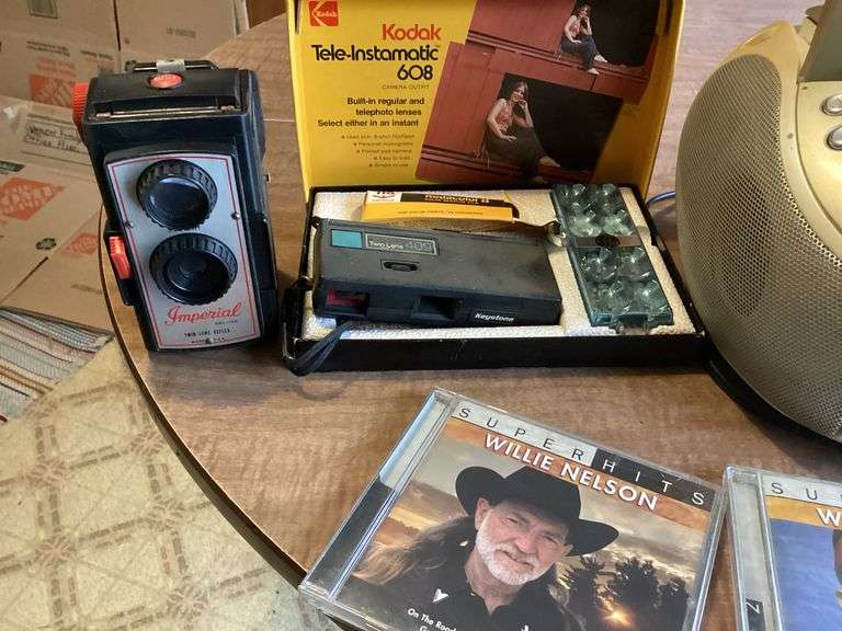 EMERSON CD BOOMBOX AND VINTAGE CAMERAS