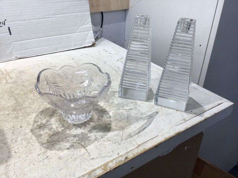 GLASS CANDLE HOLDERS, SALT & PEPPER SHAKERS AND DISHES