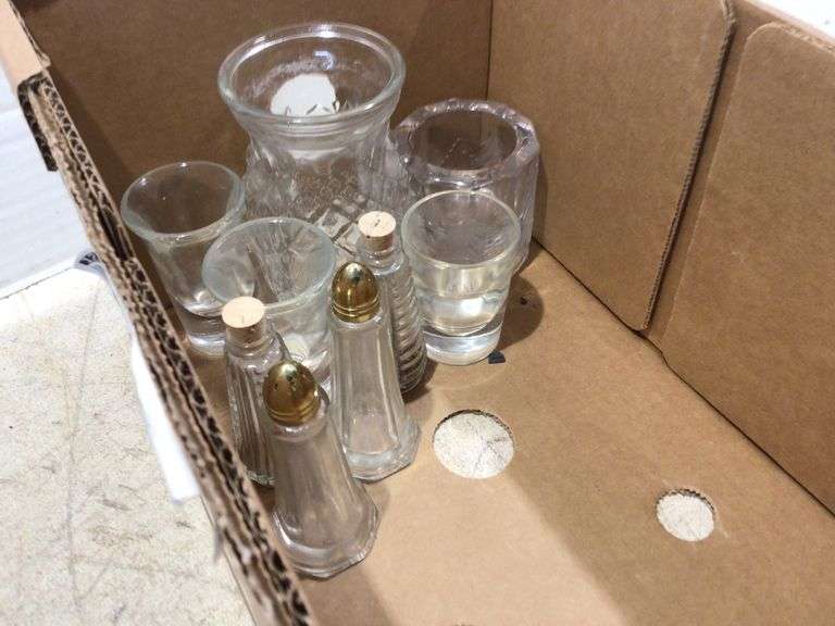 GLASS CANDLE HOLDERS, SALT & PEPPER SHAKERS AND DISHES