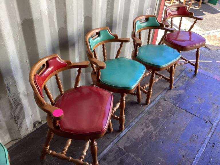 4 WOODEN PUB CHAIRS WITH PADDED SEAT Currie Auction Service
