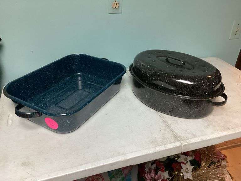 2 ENAMEL ROASTING PANS Currie Auction Service