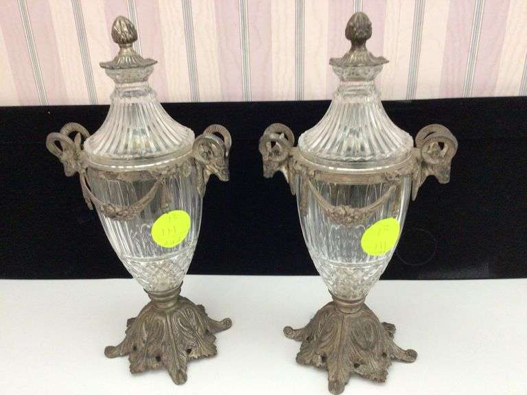 PAIR OF ORNATE BRASS AND GLASS URN VASE WITH LIDS RAM'S HEAD Currie Auction Service