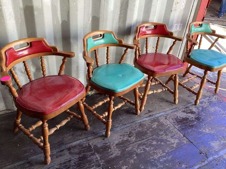 4 WOODEN PUB CHAIRS WITH PADDED SEAT Currie Auction Service