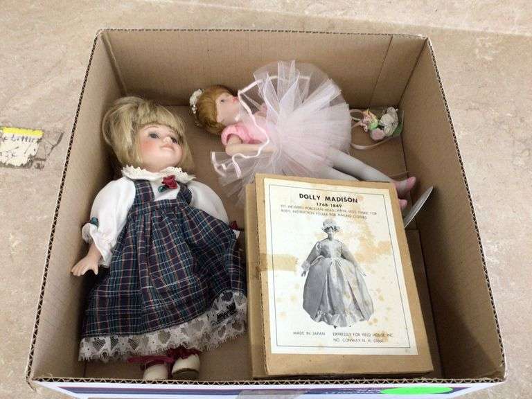 2 PORCELAIN DOLLS AND 1 DOLLY MADISON PORCELAIN DOLL KIT Currie
