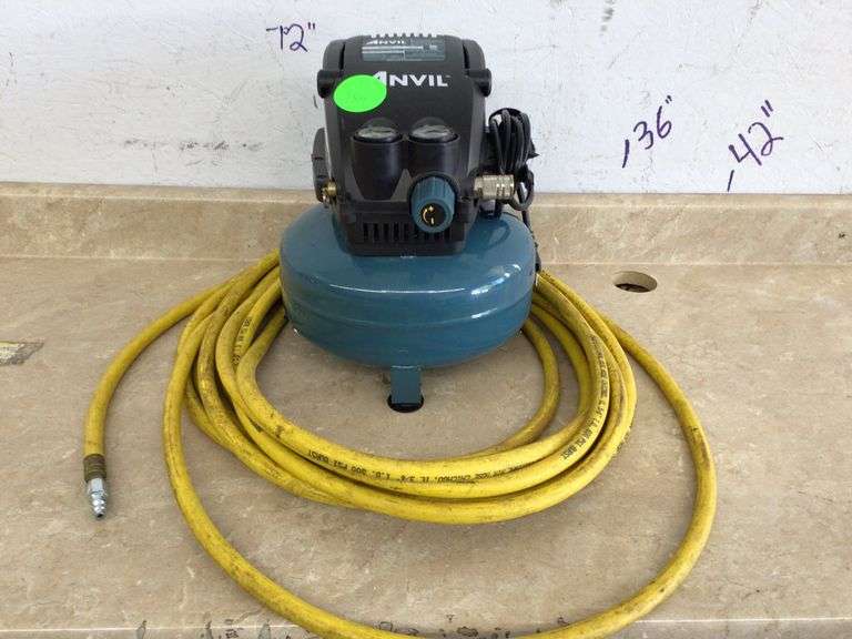 ANVIL PANCAKE TANK AIR COMPRESSOR W/AIR HOSE Currie Auction Service