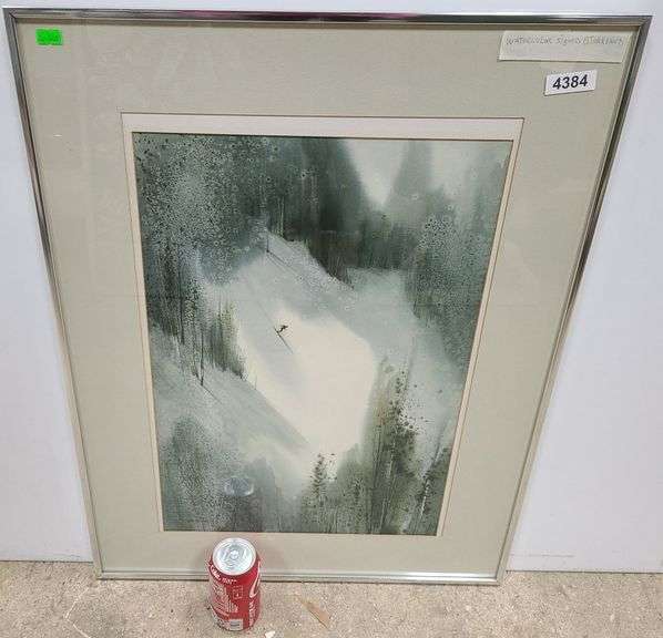 Bjorkland watercolor painting of ski scene Dixon's Auction at